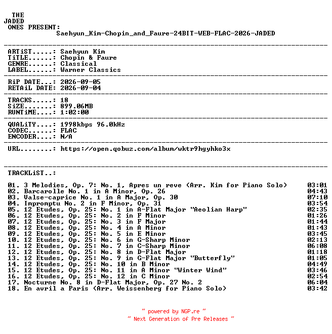 NFO for the release Saehyun_Kim-Chopin_and_Faure-24BIT-WEB-FLAC-2026-JADED by JADED