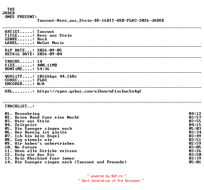 NFO for the release Tanzwut-Herz_aus_Stein-DE-16BIT-WEB-FLAC-2026-JADED by JADED