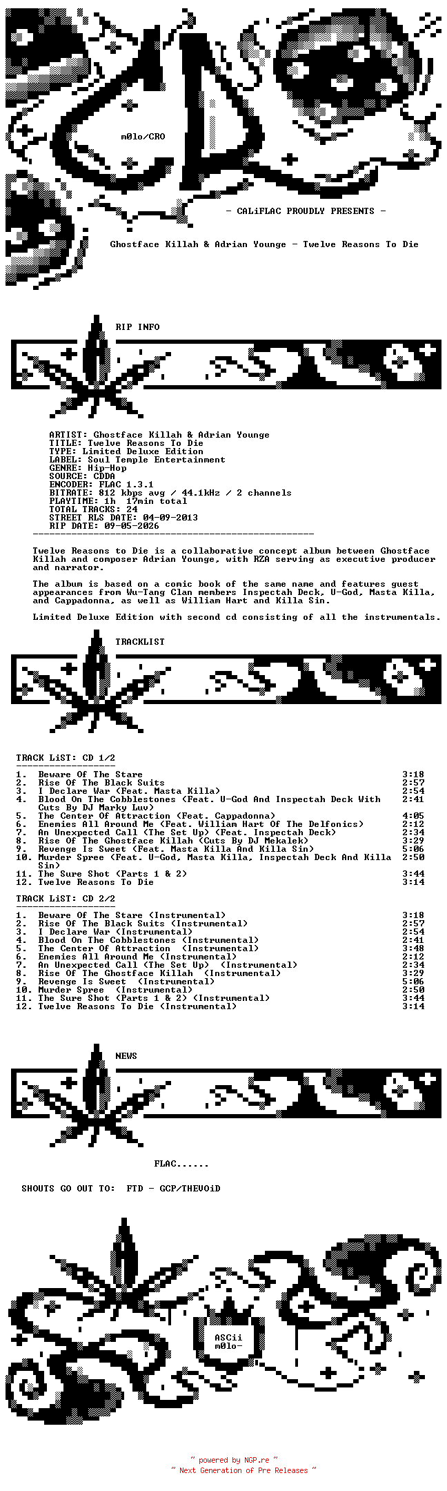 NFO for the release Ghostface_Killah_And_Adrian_Younge-Twelve_Reasons_To_Die-LIMITED_DELUXE_EDITION-2CD-FLAC-2013-CALiFLAC by CALiFLAC