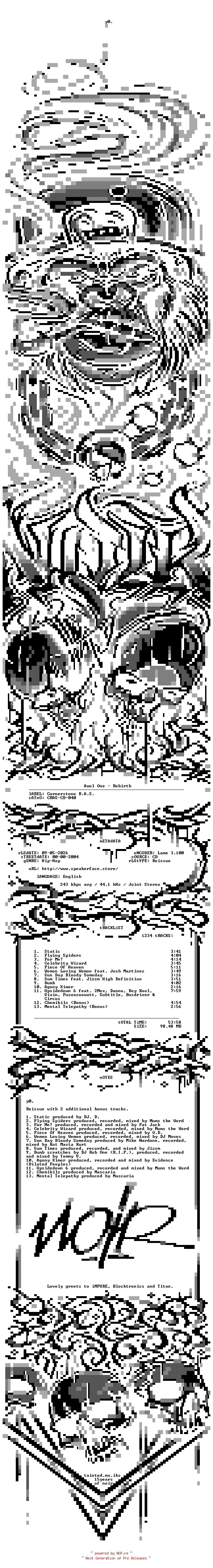 NFO for the release Awol_One-Rebirth-Reissue-2004-NOiR by NOiR