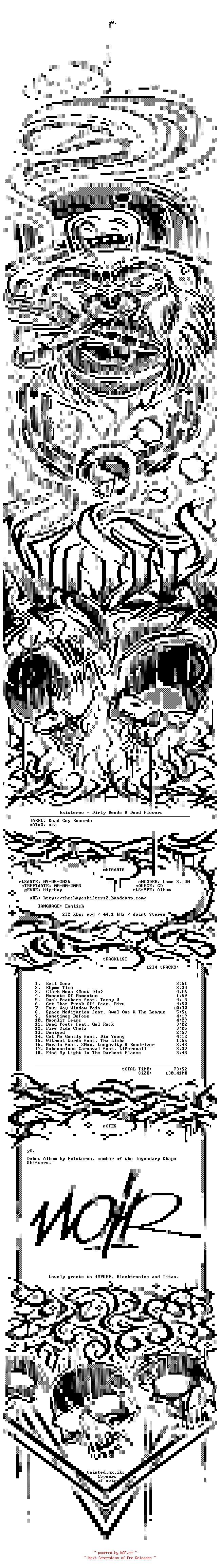 NFO for the release Existereo-Dirty_Deeds_and_Dead_Flowers-2003-NOiR_INT by NOiR_INT