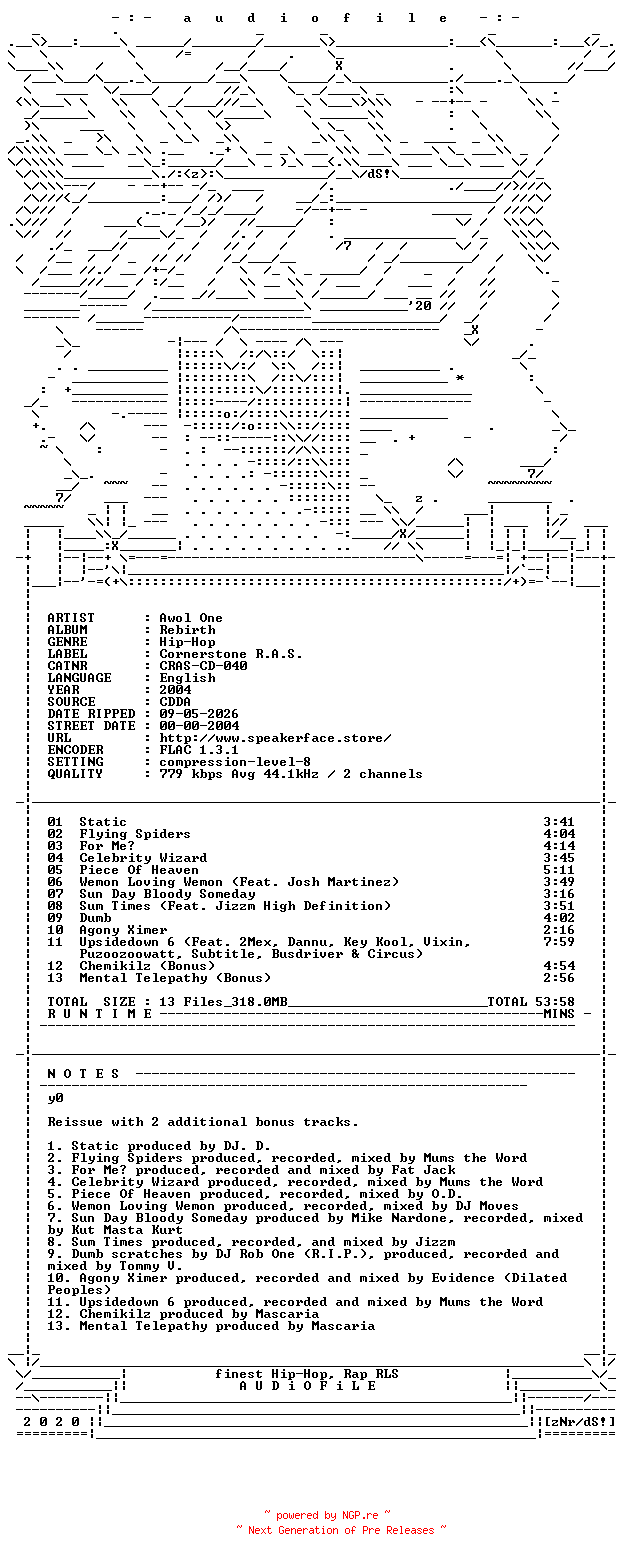 NFO for the release Awol_One-Rebirth-REISSUE-CD-FLAC-2004-AUDiOFiLE by AUDiOFiLE