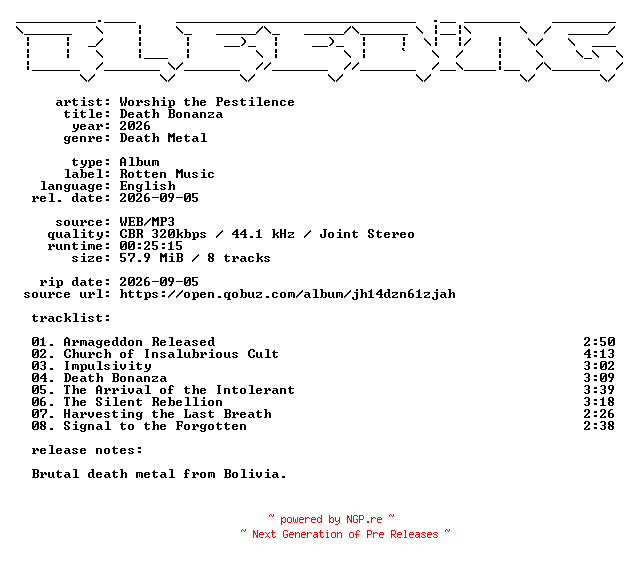 NFO for the release Worship_the_Pestilence-Death_Bonanza-WEB-2026-BLEEDiNG by BLEEDiNG
