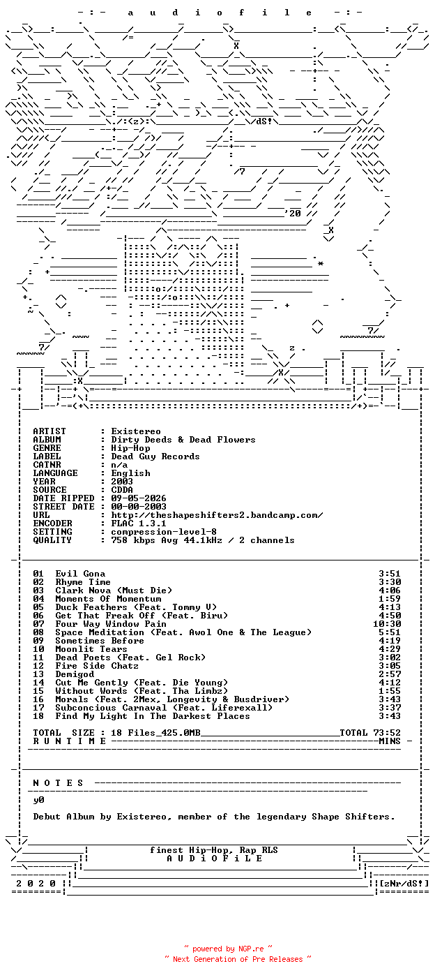 NFO for the release Existereo-Dirty_Deeds_And_Dead_Flowers-CD-FLAC-2003-AUDiOFiLE by AUDiOFiLE