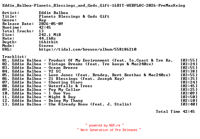 NFO for the release Eddie_Balboa-Planets_Blessings_and_Gods_Gift-16BIT-WEBFLAC-2026-PreMaxXxing by PreMaxXxing