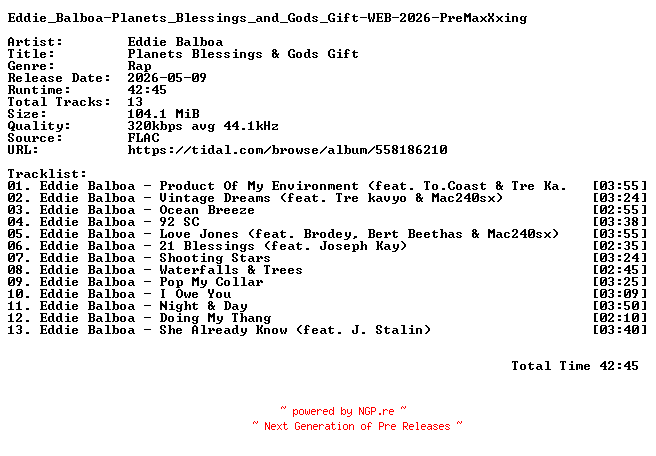 NFO for the release Eddie_Balboa-Planets_Blessings_and_Gods_Gift-WEB-2026-PreMaxXxing by PreMaxXxing