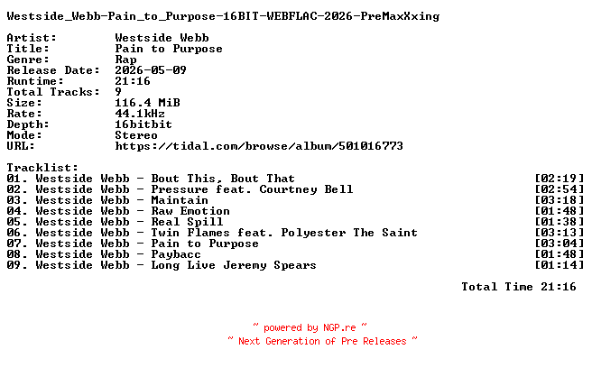 NFO for the release Westside_Webb-Pain_to_Purpose-16BIT-WEBFLAC-2026-PreMaxXxing by PreMaxXxing