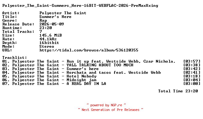 NFO for the release Polyester_The_Saint-Summers_Here-16BIT-WEBFLAC-2026-PreMaxXxing by PreMaxXxing