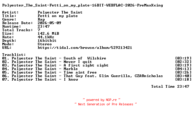 NFO for the release Polyester_The_Saint-Fetti_on_my_plate-16BIT-WEBFLAC-2026-PreMaxXxing by PreMaxXxing