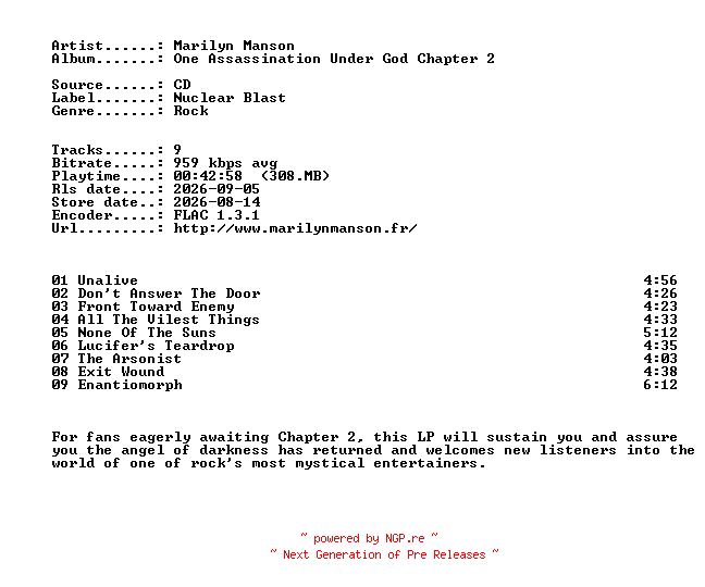NFO for the release Marilyn_Manson-One_Assassination_Under_God_Chapter_2-CD-FLAC-2026-401 by 401