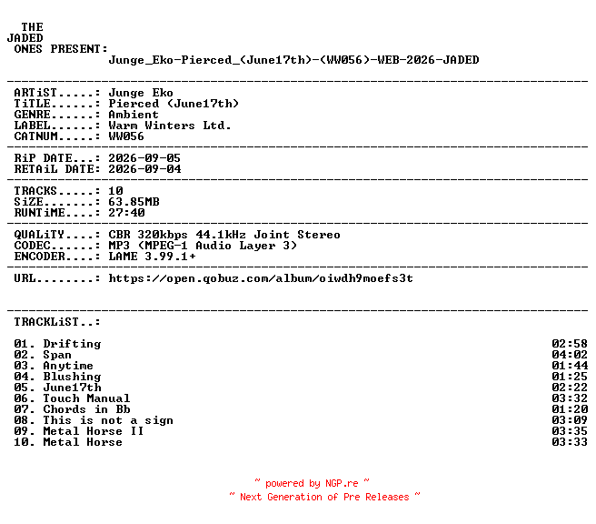 NFO for the release Junge_Eko-Pierced_(June17th)-(WW056)-WEB-2026-JADED by JADED