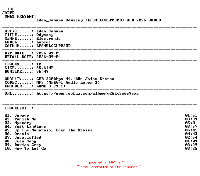 NFO for the release Eden_Samara-Odyssey-(LPS45LOCLP030D)-WEB-2026-JADED by JADED