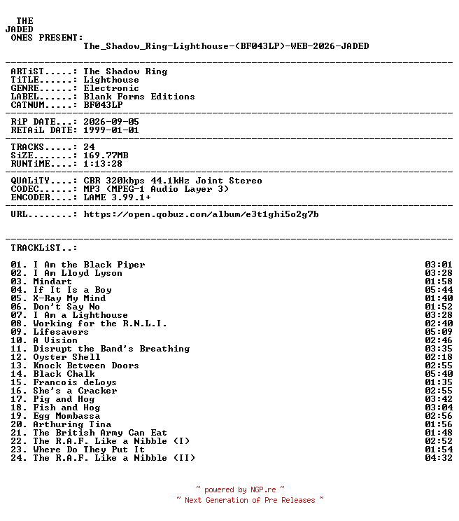 NFO for the release The_Shadow_Ring-Lighthouse-(BF043LP)-WEB-2026-JADED by JADED
