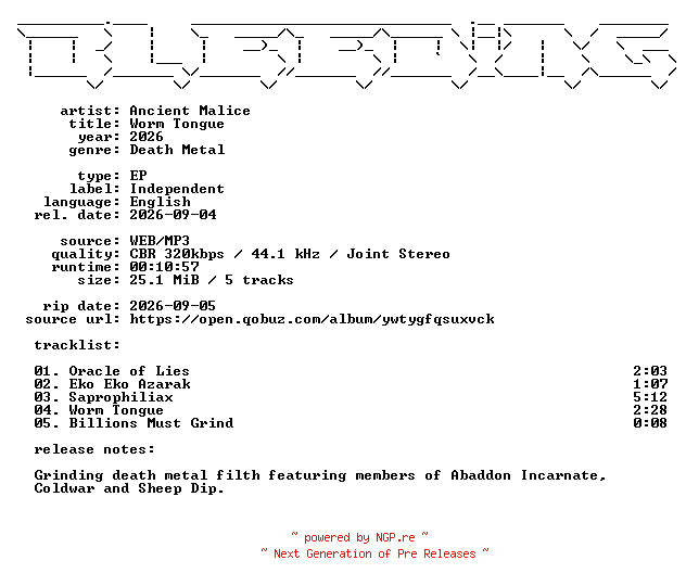 NFO for the release Ancient_Malice-Worm_Tongue-EP-WEB-2026-BLEEDiNG by BLEEDiNG