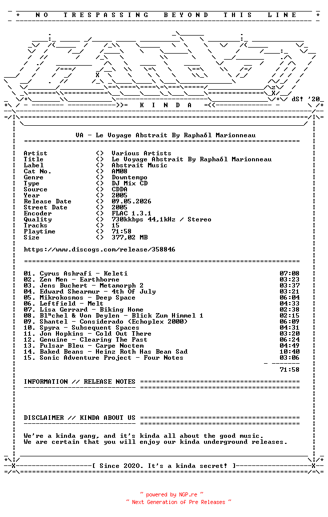 NFO for the release VA-Le_Voyage_Abstrait_By_Raphael_Marionneau-(AM08)-CD-FLAC-2005-KINDA by KINDA