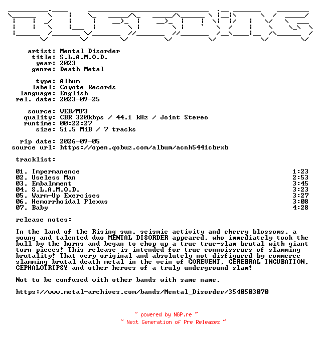 NFO for the release Mental_Disorder-S.L.A.M.O.D-WEB-2023-BLEEDiNG by BLEEDiNG