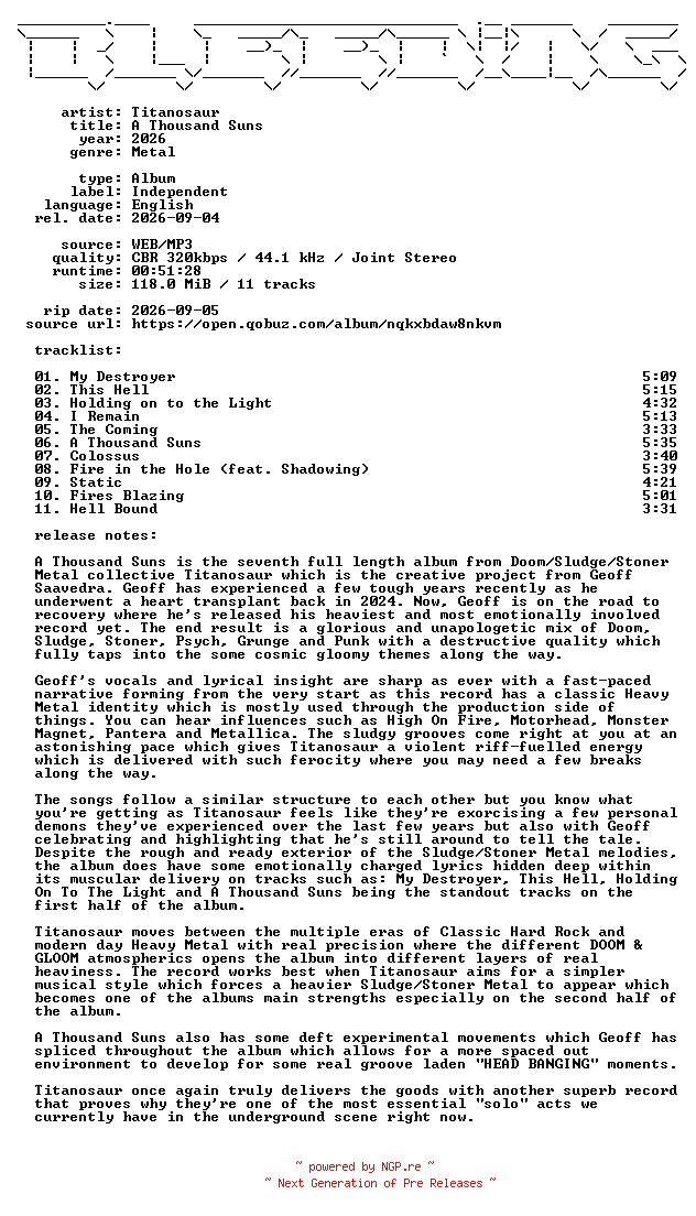 NFO for the release Titanosaur-A_Thousand_Suns-WEB-2026-BLEEDiNG by BLEEDiNG