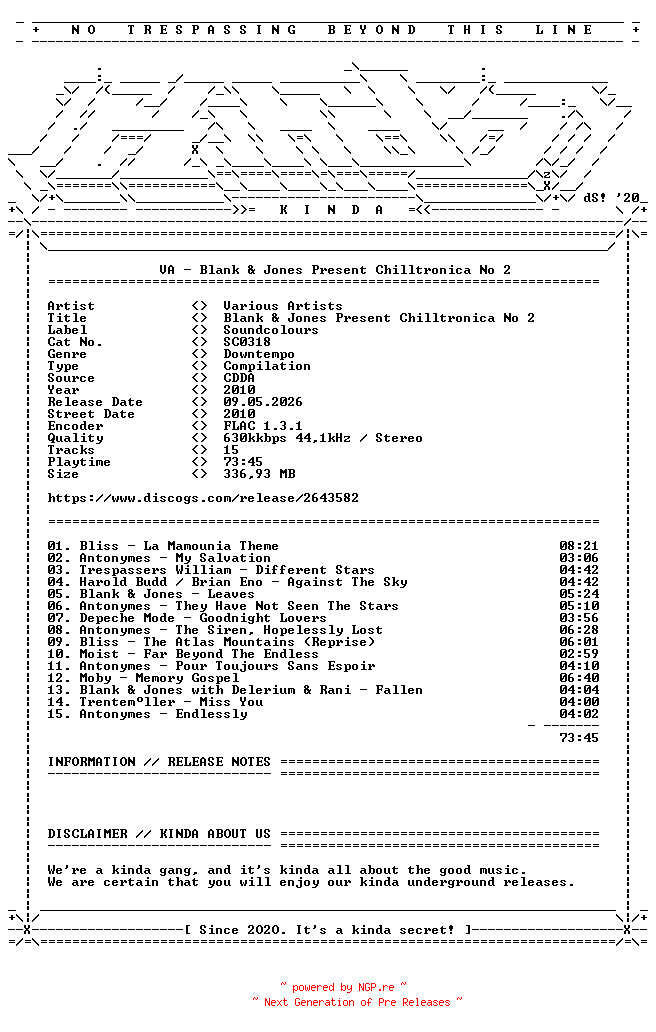NFO for the release VA-Blank_and_Jones_Present_Chilltronica_No_2-(SC0318)-CD-FLAC-2010-KINDA by KINDA