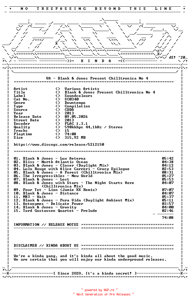 NFO for the release VA-Blank_and_Jones_Present_Chilltronica_No_4-(SC0340)-CD-FLAC-2013-KINDA by KINDA