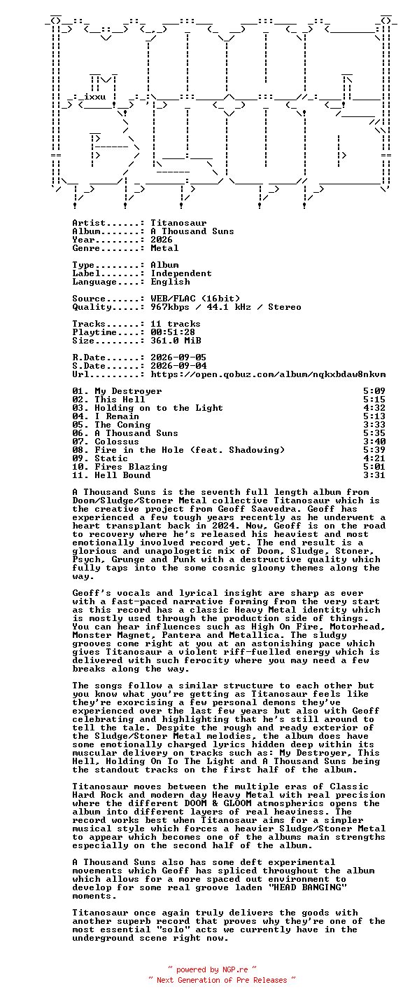 NFO for the release Titanosaur-A_Thousand_Suns-16BIT-WEB-FLAC-2026-MOONBLOOD by MOONBLOOD
