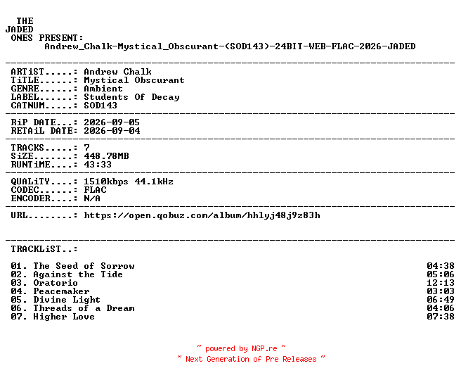 NFO for the release Andrew_Chalk-Mystical_Obscurant-(SOD143)-24BIT-WEB-FLAC-2026-JADED by JADED