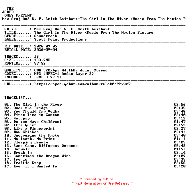 NFO for the release Max_Aruj_And_W._F._Smith_Leithart-The_Girl_In_The_River_(Music_From_The_Motion_Picture)-OST-WEB-2026-JADED by JADED