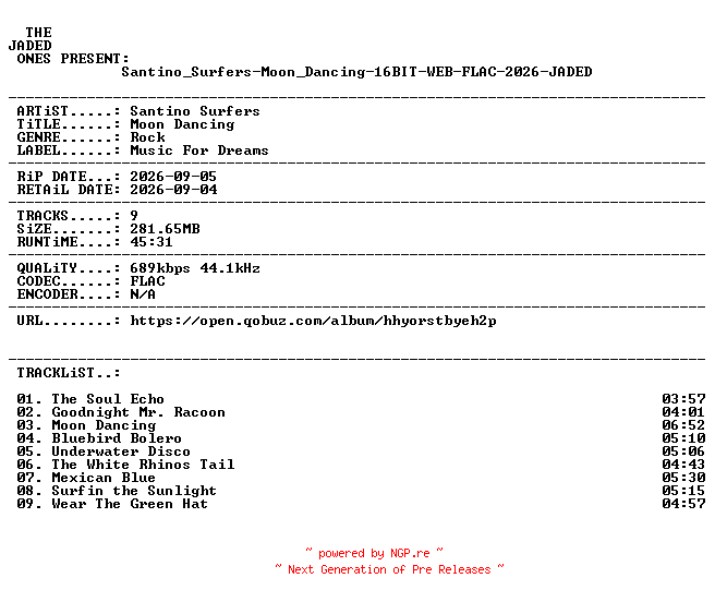 NFO for the release Santino_Surfers-Moon_Dancing-16BIT-WEB-FLAC-2026-JADED by JADED