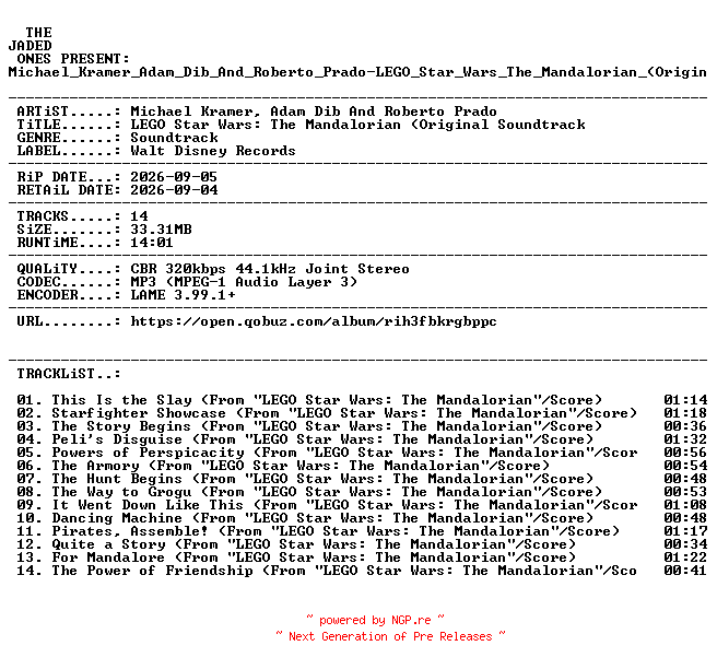 NFO for the release Michael_Kramer_Adam_Dib_And_Roberto_Prado-LEGO_Star_Wars_The_Mandalorian_(Original_Soundtrack)-OST-WEB-2026-JADED by JADED