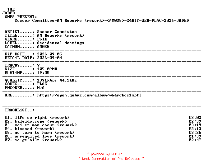 NFO for the release Soccer_Committee-AM_Reworks_(rework)-(AM035)-24BIT-WEB-FLAC-2026-JADED by JADED
