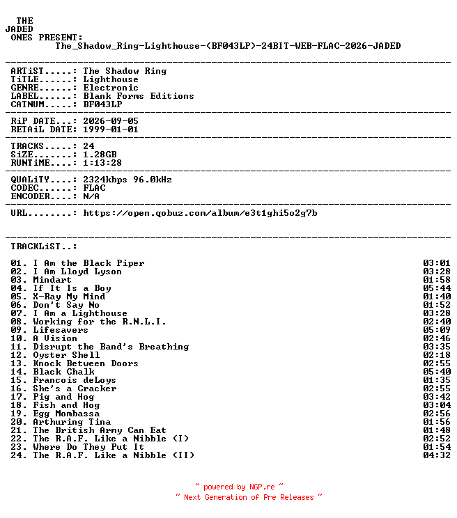 NFO for the release The_Shadow_Ring-Lighthouse-(BF043LP)-24BIT-WEB-FLAC-2026-JADED by JADED