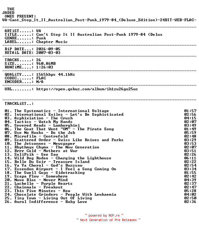 NFO for the release VA-Cant_Stop_It_II_Australian_Post-Punk_1979-84_(Deluxe_Edition)-24BIT-WEB-FLAC-2026-JADED by JADED