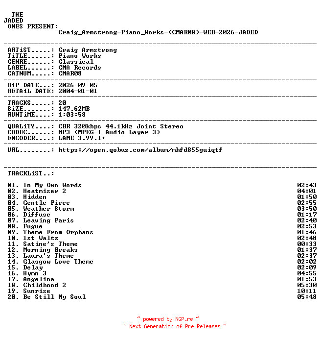 NFO for the release Craig_Armstrong-Piano_Works-(CMAR08)-WEB-2026-JADED by JADED