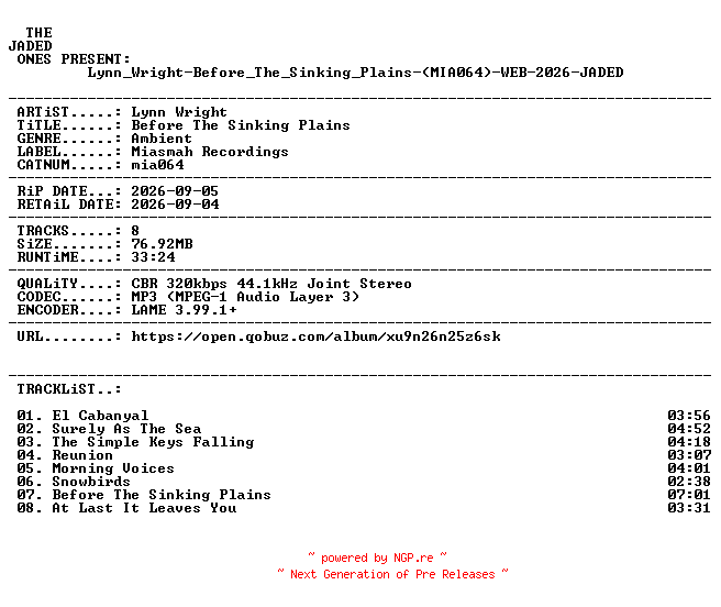 NFO for the release Lynn_Wright-Before_The_Sinking_Plains-(MIA064)-WEB-2026-JADED by JADED
