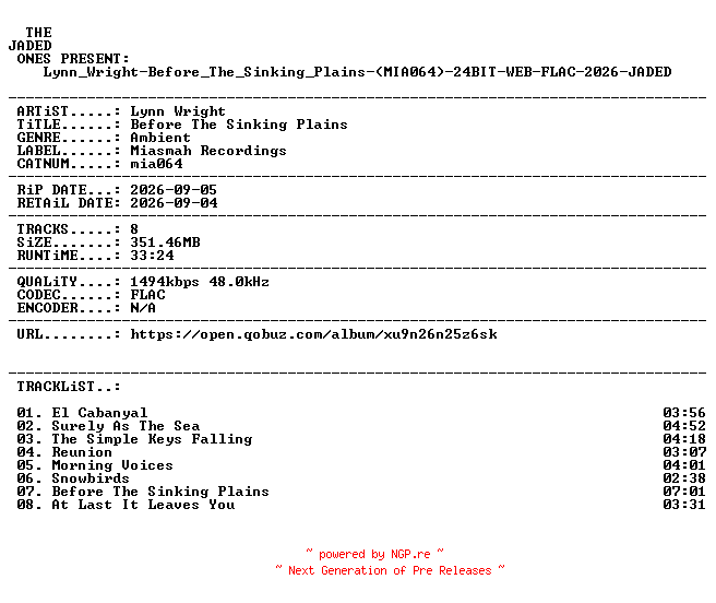 NFO for the release Lynn_Wright-Before_The_Sinking_Plains-(MIA064)-24BIT-WEB-FLAC-2026-JADED by JADED