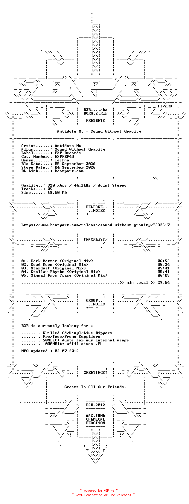 NFO for the release Antidote_MT-Sound_Without_Gravity-(EXPREP40)-WEB-2026-B2R by B2R