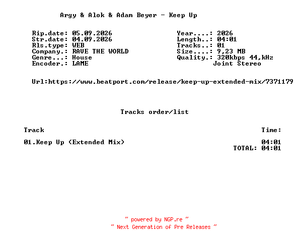 NFO for the release Argy_And_Alok_And_Adam_Beyer_-_Keep_Up_(Extended_Mix)-SINGLE-WEB-2026-FMC by FMC