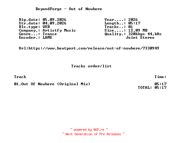 NFO for the release Beyondforge_-_Out_Of_Nowhere_(Original_Mix)-SINGLE-WEB-2026-FMC by FMC