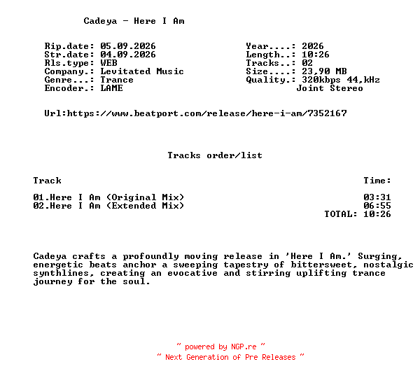 NFO for the release Cadeya_-_Here_I_Am-(LEV206)-WEB-2026-FMC by FMC