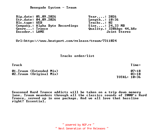NFO for the release Renegade_System_-_Traum-(ALPHA020)-WEB-2026-FMC by FMC