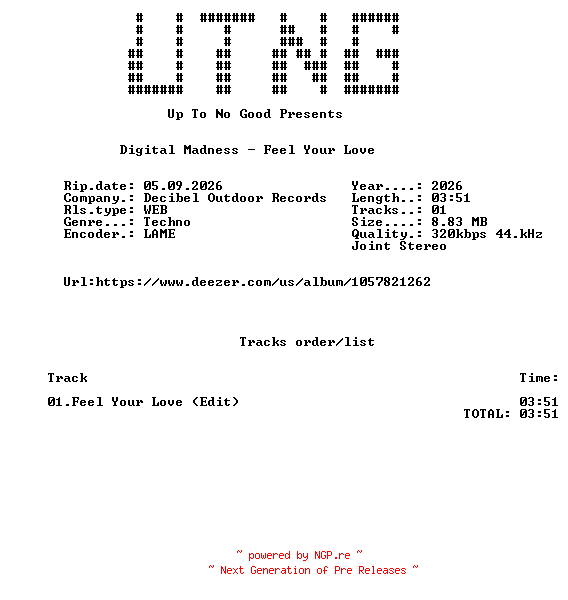 NFO for the release Digital_Madness_-_Feel_Your_Love_(Edit)-SINGLE-WEB-2026-UTNG by UTNG