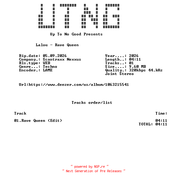 NFO for the release Lalou_-_Rave_Queen_(Edit)-SINGLE-WEB-2026-UTNG by UTNG