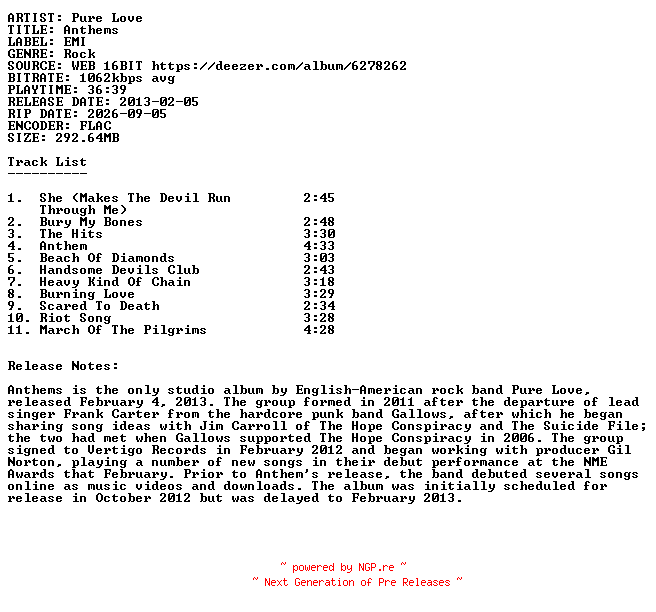 NFO for the release Pure_Love-Anthems-16BIT-WEB-FLAC-2013-SDR by SDR