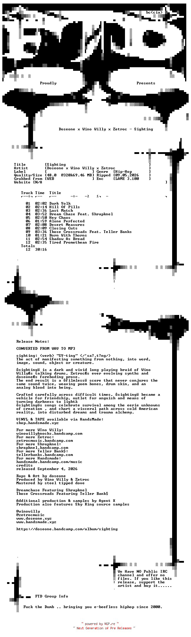 NFO for the release Doseone_x_Wino_Willy_x_Zetroc-Sighting-WEB-2026-FTD by FTD