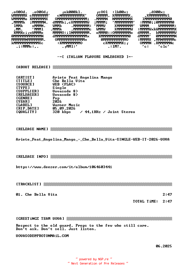 NFO for the release Ariete_Feat_Angelina_Mango_-_Che_Bella_Vita-SINGLE-WEB-IT-2026-UOVA by UOVA