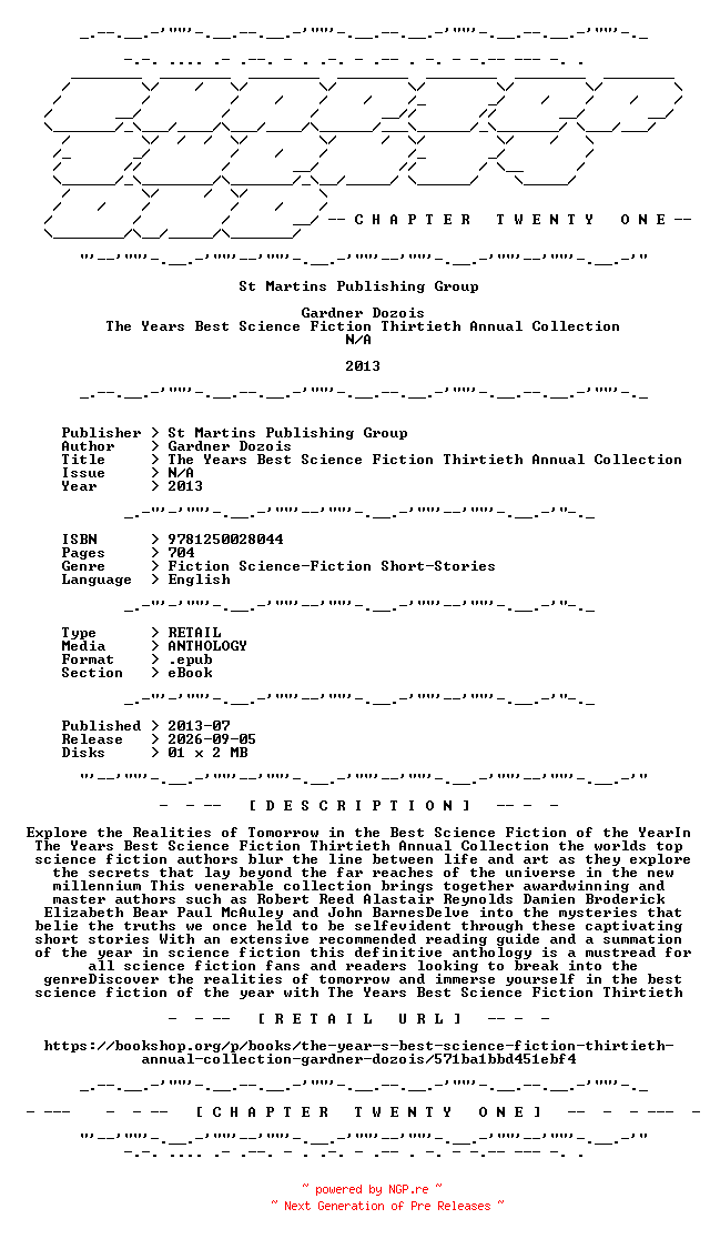 NFO for the release St.Martins.Publishing.Group.-.The.Years.Best.Science.Fiction.Thirtieth.Annual.Collection.2013.RETAIL.EPUB.eBook-CTO by CTO