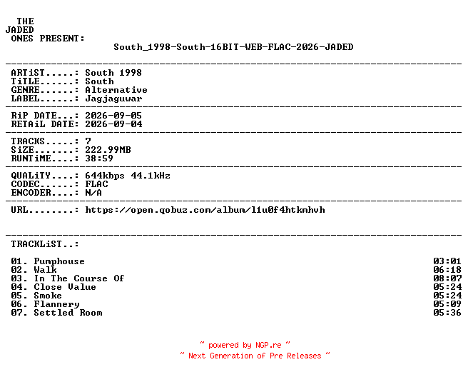 NFO for the release South_1998-South-16BIT-WEB-FLAC-2026-JADED by JADED
