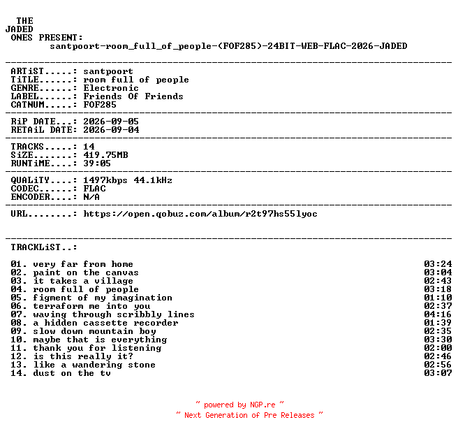 NFO for the release santpoort-room_full_of_people-(FOF285)-24BIT-WEB-FLAC-2026-JADED by JADED
