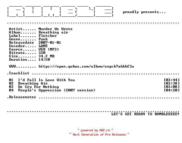 NFO for the release Murder_We_Wrote-Breathing_Air-EP-(WEB)-2007-RUMBLE by RUMBLE