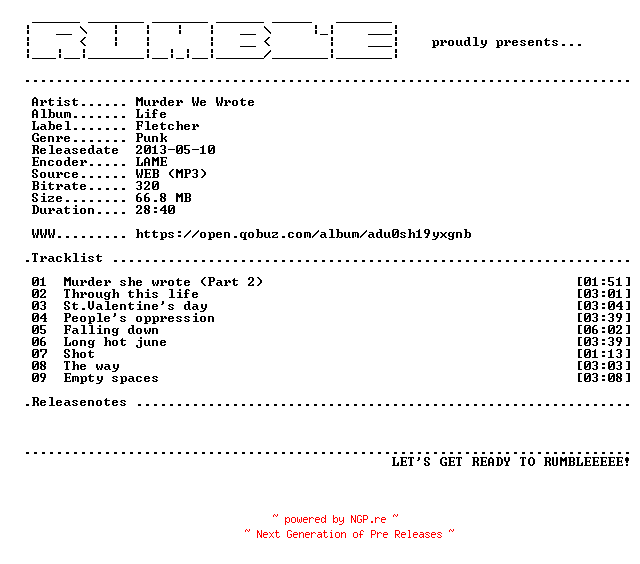 NFO for the release Murder_We_Wrote-Life-(WEB)-2011-RUMBLE by RUMBLE