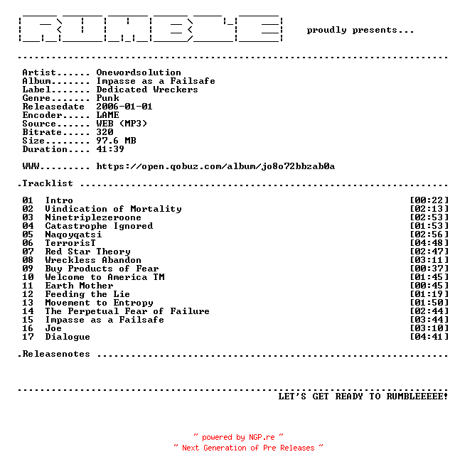NFO for the release Onewordsolution-Impasse_as_a_Failsafe-(WEB)-2006-RUMBLE by RUMBLE